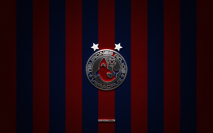 شعار cd veracruz, فريق كرة القدم المكسيكي, liga mx, أحمر أزرق الكربون الخلفية, كرة القدم, سي دي فيراكروز, المكسيك, شعار cd فيراكروز المعدني الفضي