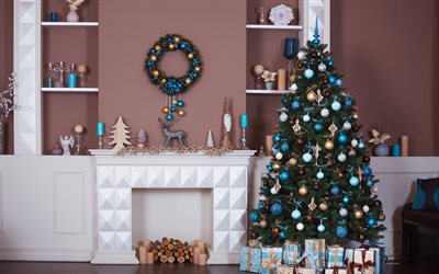 4k, Christmas interior, fireplace, Merry Christmas, Happy New Year, white fireplace, Christmas tree, Christmas wreath, gifts