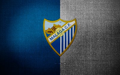 Malaga CF badge, 4k, blue white fabric background, LaLiga2, Malaga CF logo, Malaga CF emblem, sports logo, Malaga CF flag, spanish football club, Malaga CF, La Liga 2, soccer, football, Malaga FC
