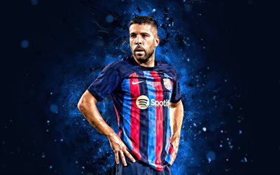 jordi alba, 4k, 2022, fc barcelona, néons bleus, football, footballeurs espagnols, jordi alba 4k, barça, abstrait bleu, jordi alba barcelone, fcb