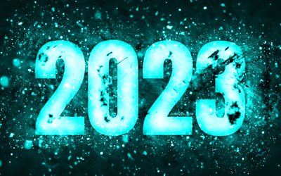 Happy New Year 2023, 4k, turquoise neon lights, 2023 concepts, 2023 Happy New Year, neon art, creative, 2023 turquoise background, 2023 year, 2023 turquoise digits