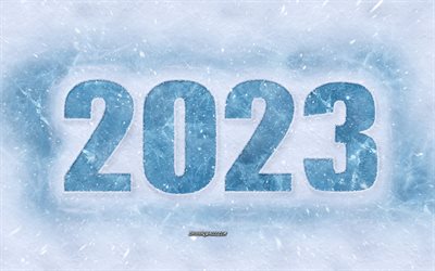 felice anno nuovo 2023, 4k, sfondo invernale 2023, neve, concetti del 2023, 2023 sfondo di ghiaccio, 2023 felice anno nuovo, iscrizione su ghiaccio