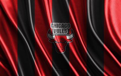 4k, los toros de chicago, nba, textura de seda negra roja, bandera de los toros de chicago, equipo de baloncesto americano, baloncesto, bandera de seda, emblema de los toros de chicago, eeuu, insignia de los toros de chicago