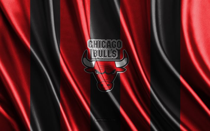 4k, búfalos de chicago, nba, textura de seda preta vermelha, bandeira do chicago bulls, time de basquete americano, basquetebol, bandeira de seda, emblema do chicago bulls, eua, distintivo do chicago bulls