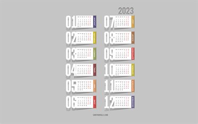 calendrier 2023, 4k, calendrier tous les mois 2023, éléments en papier, éléments d'infographie, concepts 2023, fond gris, calendrier 2023 tous les mois