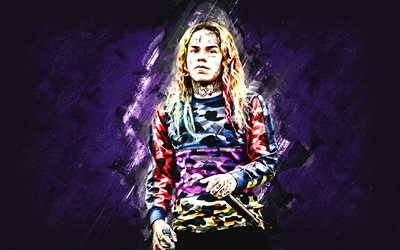 6IX9INE, american rapper, portrait, purple stone background, Daniel Hernandez, grunge art, Tekashi69, Wallah Dan