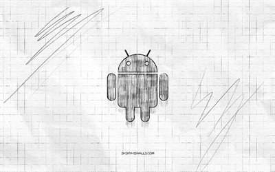 android sketch logo, 4k, fundo de papel quadriculado, android logo preto, sistemas operacionais, esboços de logotipos, android logo, desenho a lápis, android
