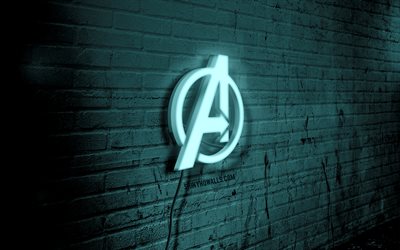logo al neon avengers, 4k, muro di mattoni blu, arte grunge, creativo, logo su filo, supereroi, logo blu avengers, logo avengers, opere d arte, the avengers