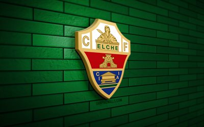 elche cf 3d logo, 4k, green brickwall, laliga, soccer, spanish football club, elche cf logo, football, elche cf, sports logo, elche fc