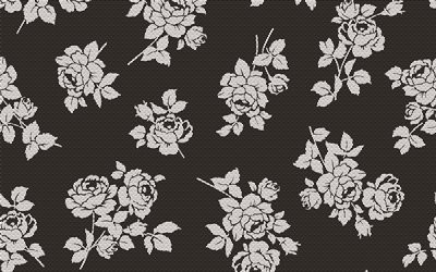 textura de ornamento de rosas, 4k, fundo preto com rosas, texturas florais, retrô textura floral, rosas retrô de fundo, rosas pretas de fundo, textura floral, rosas brancas de fundo