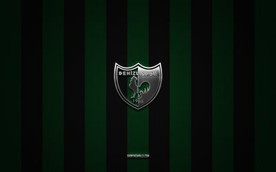 Denizlispor logo, turkish football clubs, TFF First League, green black carbon background, 1 Lig, Denizlispor emblem, football, Denizlispor silver metal logo, soccer, Denizlispor FC