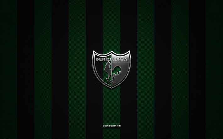 Denizlispor logo, turkish football clubs, TFF First League, green black carbon background, 1 Lig, Denizlispor emblem, football, Denizlispor silver metal logo, soccer, Denizlispor FC