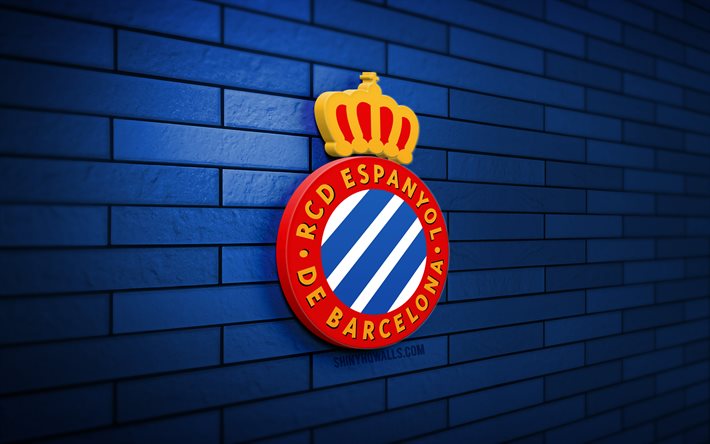 RCD Espanyol 3D logo, 4K, blue brickwall, LaLiga, soccer, spanish football club, RCD Espanyol logo, football, RCD Espanyol, sports logo, Espanyol FC