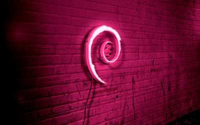 logotipo de neón de debian, 4k, pared de ladrillo púrpura, arte grunge, linux, creativo, logotipo en el cable, logotipo púrpura de debian, logotipo de debian, obra de arte, debian