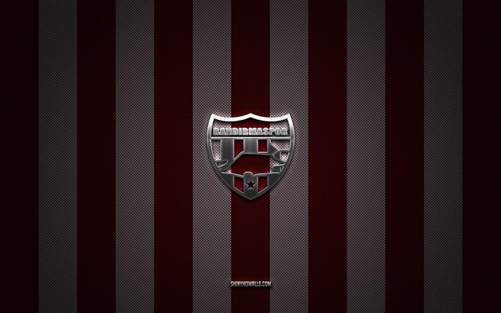bandirmaspor-logo, türkische fußballvereine, tff first league, roter schwarzer kohlenstoffhintergrund, 1 lig, bandirmaspor-emblem, fußball, bandirmaspor-silbermetalllogo, bandirmaspor fc