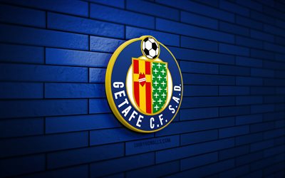 getafe cf logo 3d, 4k, muro di mattoni blu, laliga, calcio, squadra di calcio spagnola, logo getafe cf, getafe cf, logo sportivo, getafe fc