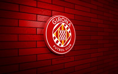 Girona FC 3D logo, 4K, red brickwall, LaLiga, soccer, spanish football club, Girona FC logo, football, Girona FC, sports logo, Girona