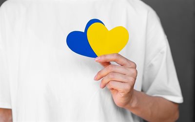 I love Ukraine, 4k, creative, two hearts, patriotism, Flag of Ukraine, nationalism, Ukrainian flag, hearts in hand