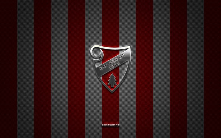 Boluspor logo, turkish football clubs, TFF First League, red white carbon background, 1 Lig, Boluspor emblem, football, Boluspor silver metal logo, soccer, Boluspor FC