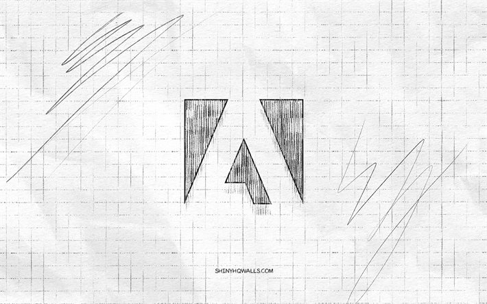 logo de croquis adobe, 4k, fond de papier à carreaux, logo adobe noir, marques, croquis de logo, logo adobe, dessin au crayon, adobe