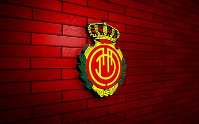 rcd mallorca logo 3d, 4k, muro di mattoni rossi, laliga, calcio, squadra di calcio spagnola, logo rcd mallorca, rcd mallorca, logo sportivo, mallorca fc