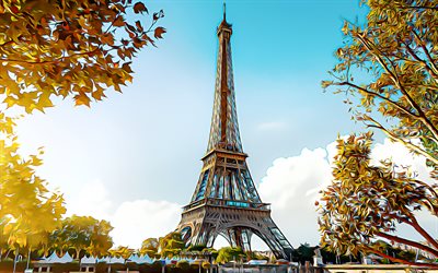 4k, torre eiffel, parigi, arte, autunno, pittura a olio, disegni di parigi, arte di parigi, arte creativa, paesaggio urbano di parigi, francia