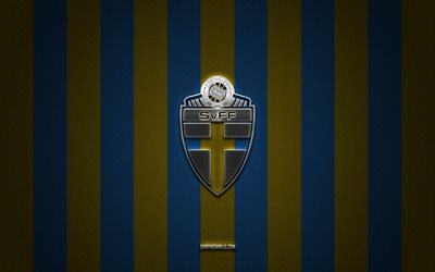 suécia logotipo da seleção nacional de futebol, uefa, europa, amarelo azul carbono de fundo, suécia time nacional de futebol emblema, futebol, suécia equipa nacional de futebol, suécia