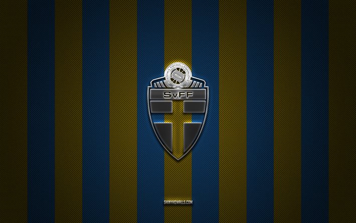 Sweden national football team logo, UEFA, Europe, yellow blue carbon background, Sweden national football team emblem, football, Sweden national football team, Sweden