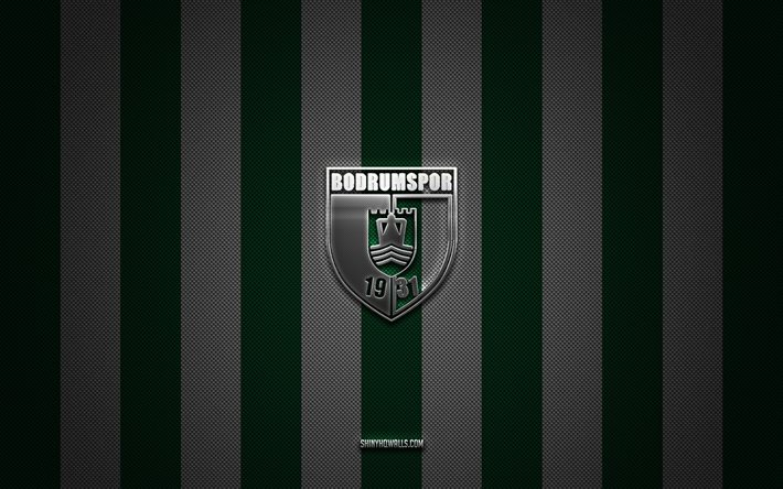 bodrumspor-logo, türkische fußballvereine, tff first league, grün-weißer kohlenstoffhintergrund, 1 lig, bodrumspor-emblem, fußball, bodrumspor-silbermetalllogo, bodrumspor fc
