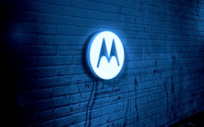 Motorola neon logo, 4k, blue brickwall, grunge art, creative, logo on wire, Motorola blue logo, Motorola logo, artwork, Motorola