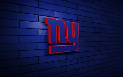logotipo 3d de los new york giants, 4k, pared de ladrillo azul, nfl, fútbol americano, logotipo de los new york giants, equipo de fútbol americano, logotipo deportivo, new york giants, ny giants