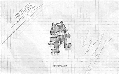 logo de croquis monstercat, 4k, fond de papier à carreaux, dj canadiens, logo noir monstercat, stars de la musique, croquis de logo, logo monstercat, dessin au crayon, monstercat