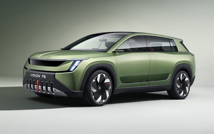 4k, Skoda Vision 7S Concept, 2022, exterior, front view, green SUV, green Skoda Vision 7S, Czech cars, Skoda