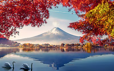 Mount Fuji, 4k, art, autumn, stratovolcano, Fujiyama, Fugaku, Mount Fuji drawings, oil paint, creative art, autumn landscape, Japan