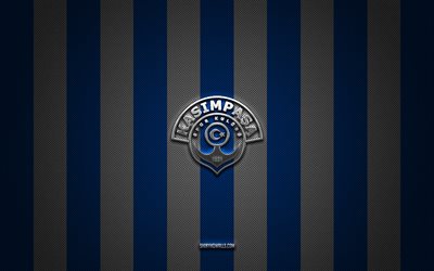 logo kasimpasa, clubs de football turcs, super lig, fond bleu carbone blanc, emblème kasimpasa, football, logo métal argenté kasimpasa, kasimpasa fc