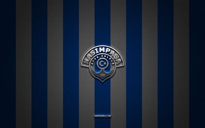 Kasimpasa logo, turkish football clubs, Super Lig, blue white carbon background, Kasimpasa emblem, football, Kasimpasa silver metal logo, soccer, Kasimpasa FC