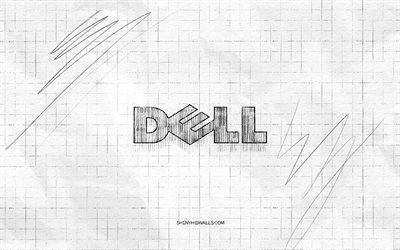 dell 스케치 로고, 4k, 체크 무늬 종이 배경, dell 블랙 로고, 브랜드, 로고 스케치, dell 로고, 연필 드로잉, 작은 골짜기