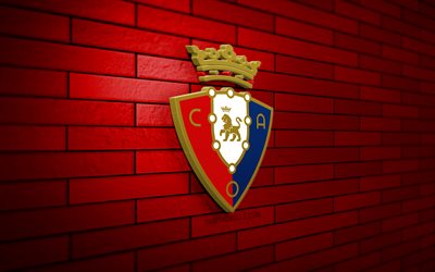 CA Osasuna 3D logo, 4K, red brickwall, LaLiga, soccer, spanish football club, CA Osasuna logo, football, CA Osasuna, sports logo, Osasuna FC