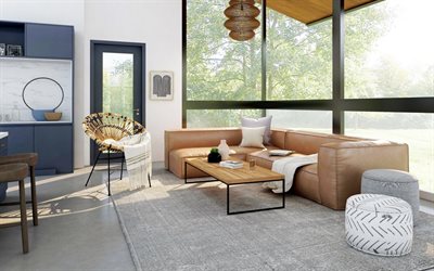 design de interiores elegante, casa de campo, sala de estar, sofá de couro marrom claro, estilo indiano, ideia de sala de estar, design de interiores moderno