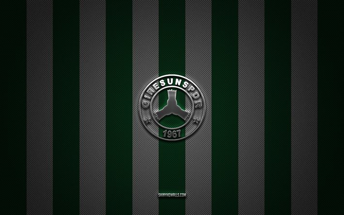 Giresunspor logo, turkish football clubs, Super Lig, green white carbon background, Giresunspor emblem, football, Giresunspor silver metal logo, soccer, Giresunspor FC