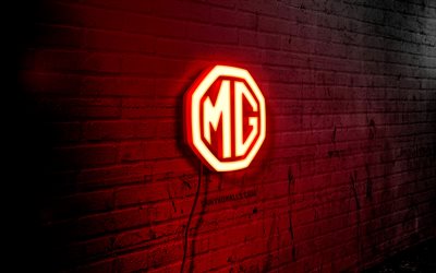 mg neon logo, 4k, mavi brickwall, grunge sanat, yaratıcı, araba markaları, tel üzerinde logo, mg kırmızı logo, mg logo, sanat eseri, mg