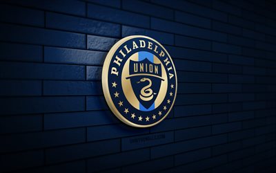 philadelphia union 3d-logo, 4k, blaue ziegelwand, mls, fußball, amerikanischer fußballverein, philadelphia union-logo, philadelphia union, sportlogo, philadelphia union fc