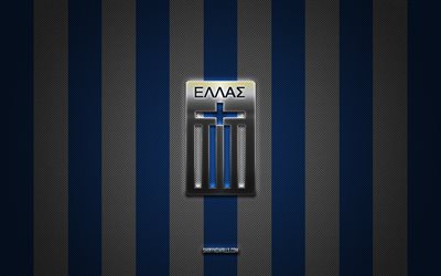 logo della squadra nazionale di calcio della grecia, uefa, europa, sfondo di carbonio bianco blu, emblema della squadra nazionale di calcio della grecia, calcio, squadra nazionale di calcio della grecia, grecia