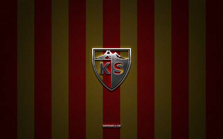 Kayserispor logo, turkish football clubs, Super Lig, red yellow carbon background, Kayserispor emblem, football, Kayserispor silver metal logo, soccer, Kayserispor FC