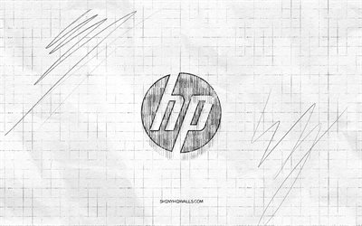 HP sketch logo, 4K, Hewlett-Packard, checkered paper background, HP black logo, brands, logo sketches, HP logo, Hewlett-Packard logo, pencil drawing, HP
