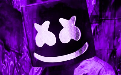 4k, Marshmello, purple grunge backgrounds, Christopher Comstock, superstars, purple Marshmello, grunge art, american DJ, Marshmello Mask, DJs, DJ Marshmello, Abstract Marshmello, music stars, Marshmello 4K