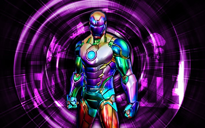 ホロホイル アイアンマン, 4k, 紫の抽象的な背景, フォートナイト, 抽象的な光線, ホロフォイルアイアンマンスキン, フォートナイト ホロ フォイル アイアンマン スキン, フォートナイトのキャラクター, ホロフォイル アイアンマン フォートナイト