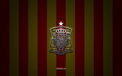 ispanya milli futbol takımı logosu, uefa, avrupa, kırmızı sarı karbon arka plan, ispanya milli futbol takımı amblemi, futbol, ispanya milli futbol takımı, ispanya