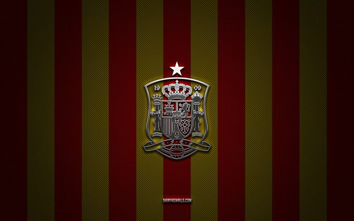 サッカー スペイン代表チームのロゴ, uefa, ヨーロッパ, 赤黄色の炭素の背景, サッカー スペイン代表チームのエンブレム, フットボール, サッカー スペイン代表, スペイン