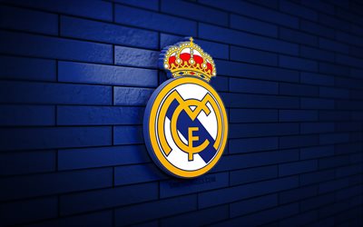 o real madrid logotipo 3d, 4k, azul brickwall, laliga, futebol, clube de futebol espanhol, o real madrid logotipo, o real madrid cf, esportes logotipo, o real madrid fc